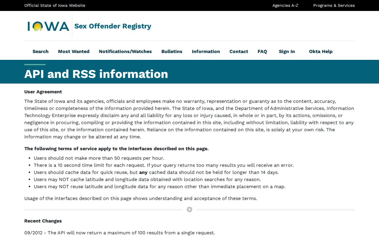 Winneshiek County sex offender registry profile field documentation