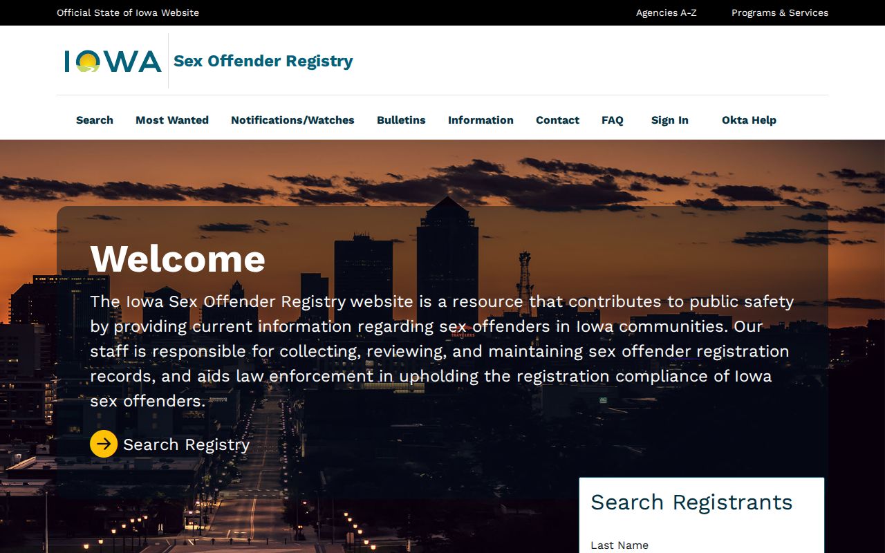 Winneshiek County sex offender search on the Iowa registry home page